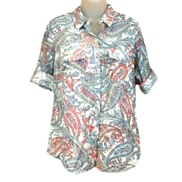 Croft & Barrow Paisley Cuff Sleeve 100% Cotton Button Down Top Med - Picture 12 of 12